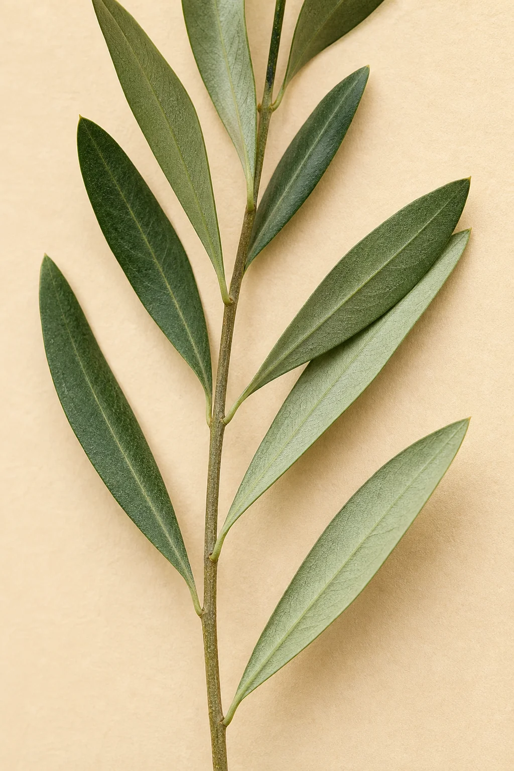 Fresh olive sprig, a single botanical specimen pressed onto warm vellum