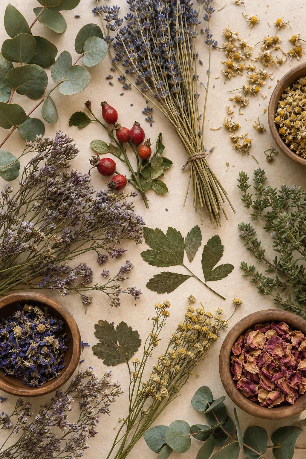 A flat-lay of dried lavender, eucalyptus, chamomile, and rosehips arranged on warm vellum