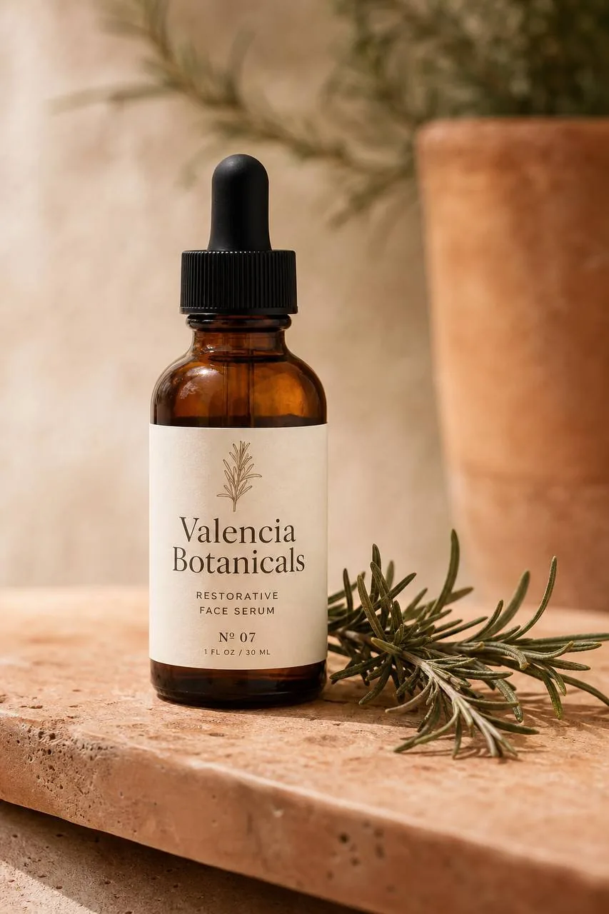 Valencia Botanicals Restorative Face Serum Nº 07 — amber glass dropper bottle with rosemary sprig, 30mL